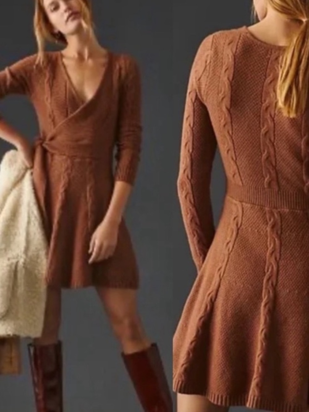 Anthropology Grelin Brown Wrap Sweater Dress Fit & Flare Women’s Size S